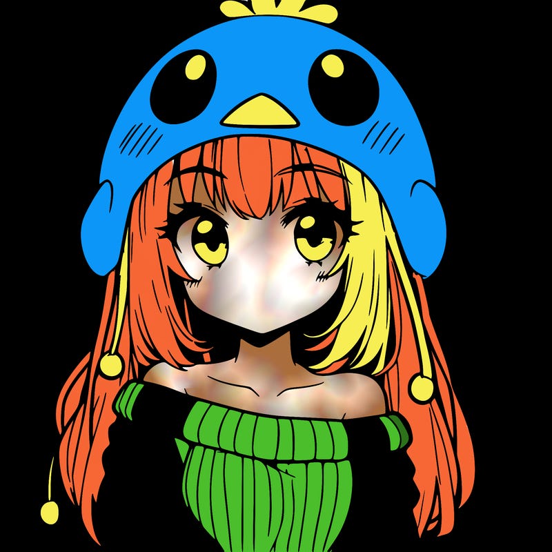 anime girl with chick shaped hat with sweater with bare shoulders with bangs covering them one eye with low tail