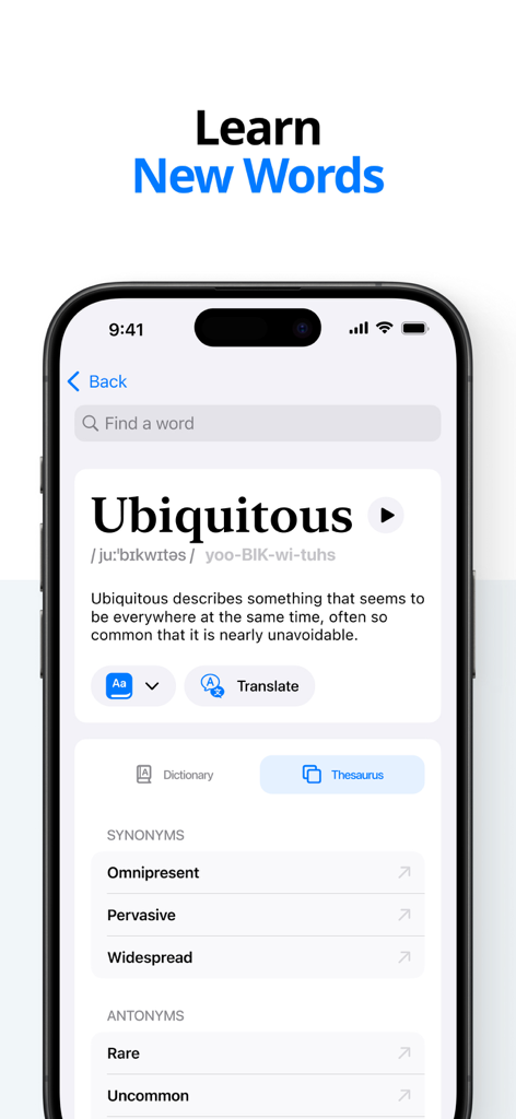 Interfaz de la aplicación Dictionary Air que muestra una definición detallada de palabra y un tesauro