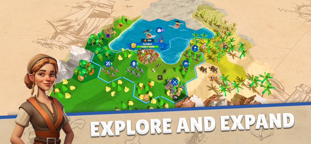 Domination Dynasty: Turn-Based - Un mapa de estrategia hexagonal en Domination Dynasty mostrando unidades y una ciudad