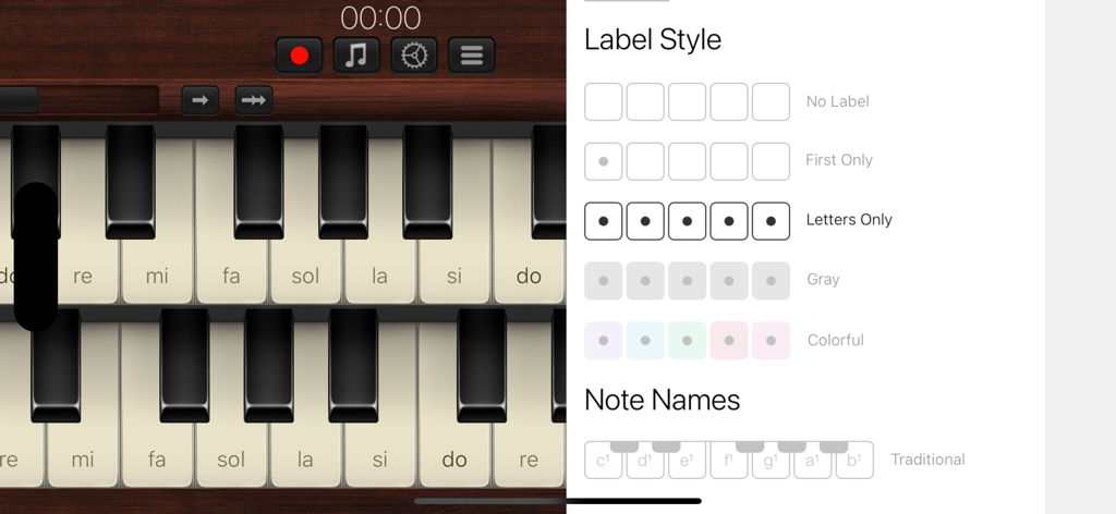 Etiquetas de teclas y nombres de notas personalizables en la configuración de la aplicación Organ.