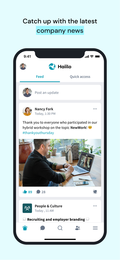 Haiilo - A mobile app interface displaying a company news feed with a post about a workshop
