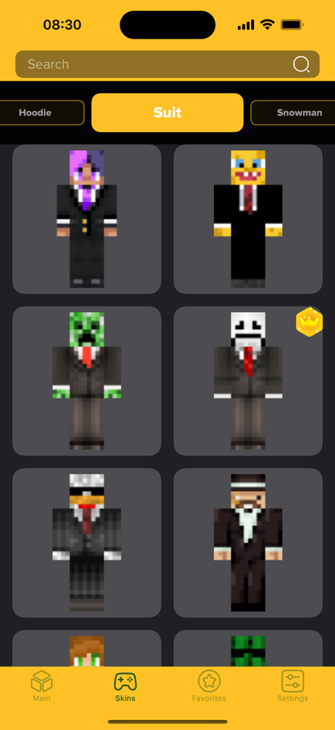 Skins de Minecraft vistiendo trajes formales en el catálogo de la aplicación Nova Skins