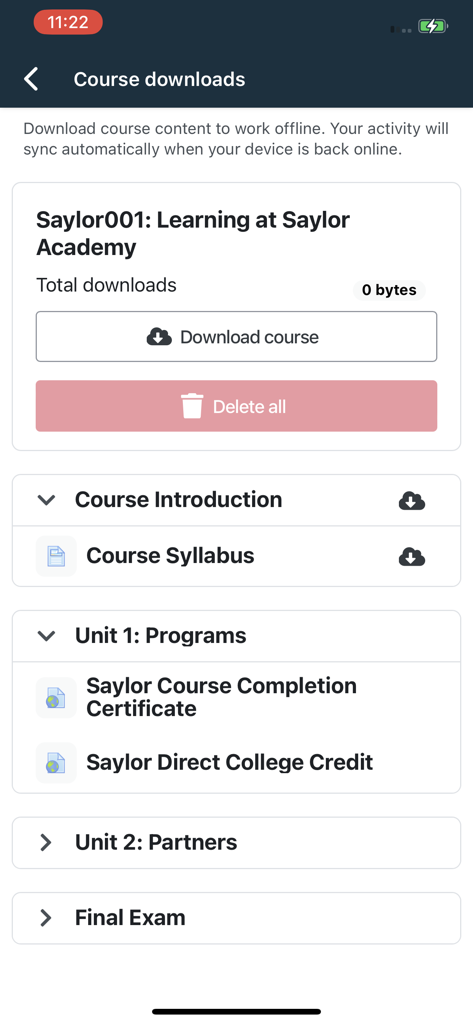 Saylor Academy - Saylor Academy app screen showing course download options for offline learning