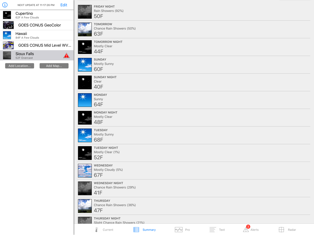 Wx for iPad - La interfaz de la aplicación meteorológica Wx para iPad muestra un resumen del pronóstico de 7 días con temperaturas y condiciones.