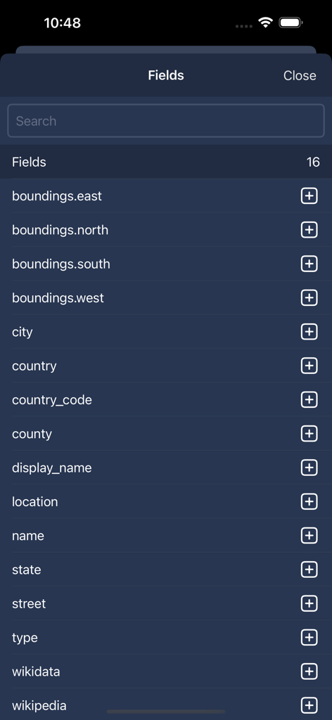 ElasticSearchおよびOpenSearchデータをクエリするために使用される、Search Opsアプリ内の都市や国などのデータベースフィールドのリスト。