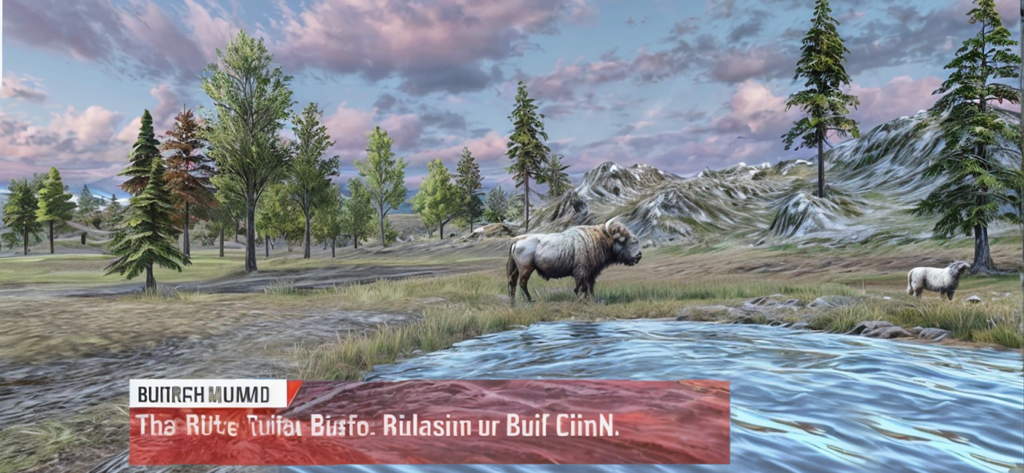 Sniper Wild Animal Hunting 3D - A bison standing near a pond in a 3D mountain landscape within the hunting simulation game.