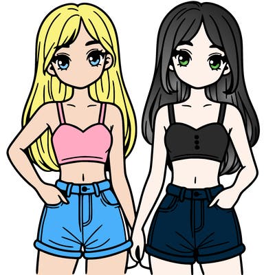 two sisters with crop tops and jean shorts and straight hair