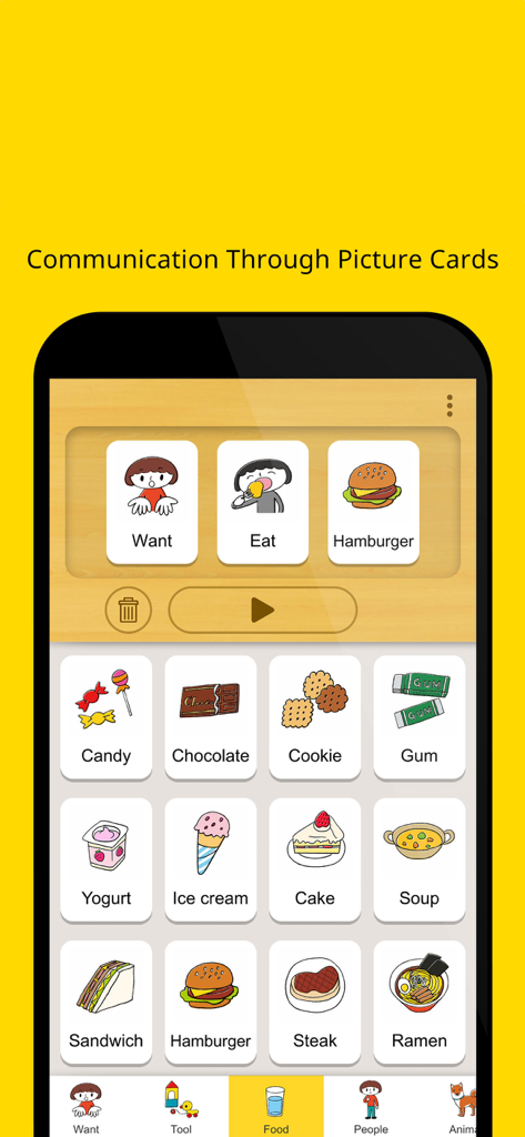 Interface do aplicativo Card Talk mostrando uma faixa de frase e cartões de imagens de categoria de comida para comunicação