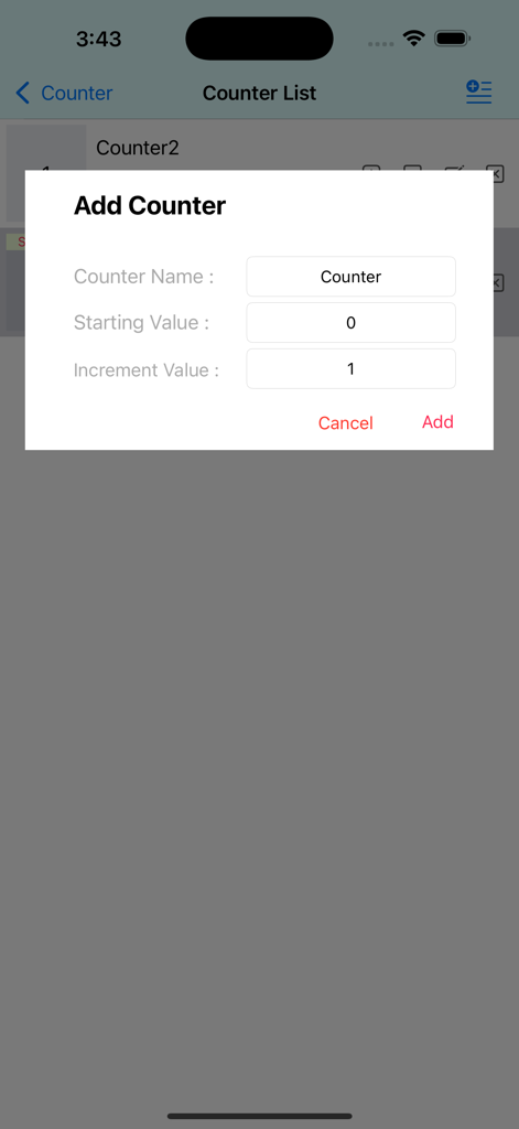 Tap Counter(Simple & Multiple) - Popup di aggiunta contatore che mostra le impostazioni per nome contatore, valore iniziale e valore di incremento