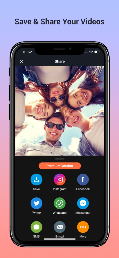 Écran de partage d'une application mobile de montage vidéo avec des icônes de réseaux sociaux pour Instagram, Facebook et Twitter