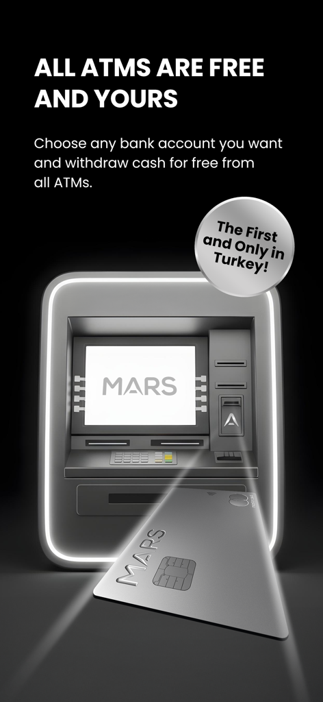 MARS Mobile Finance Services - A MARS branded ATM and titanium metal card with text stating free cash withdrawals from any bank account at all ATMs.