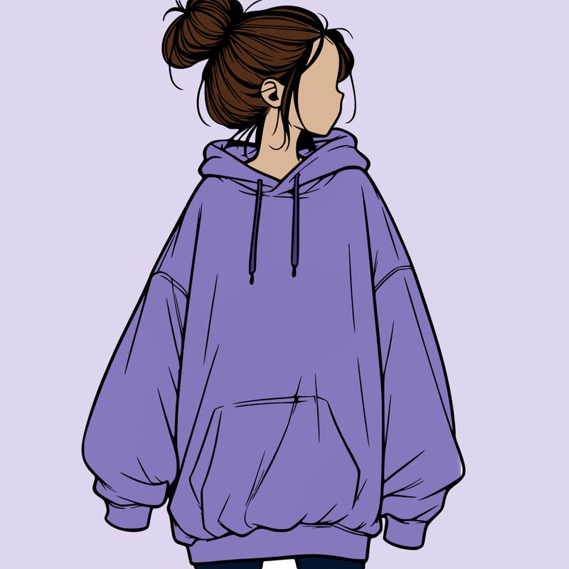 realistic girl with a oversized sweatshirt on and a bun