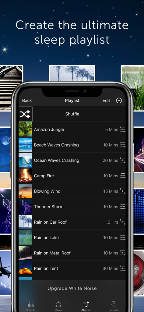 White Noise Lite app screen showing a custom playlist of relaxing sleep sounds
