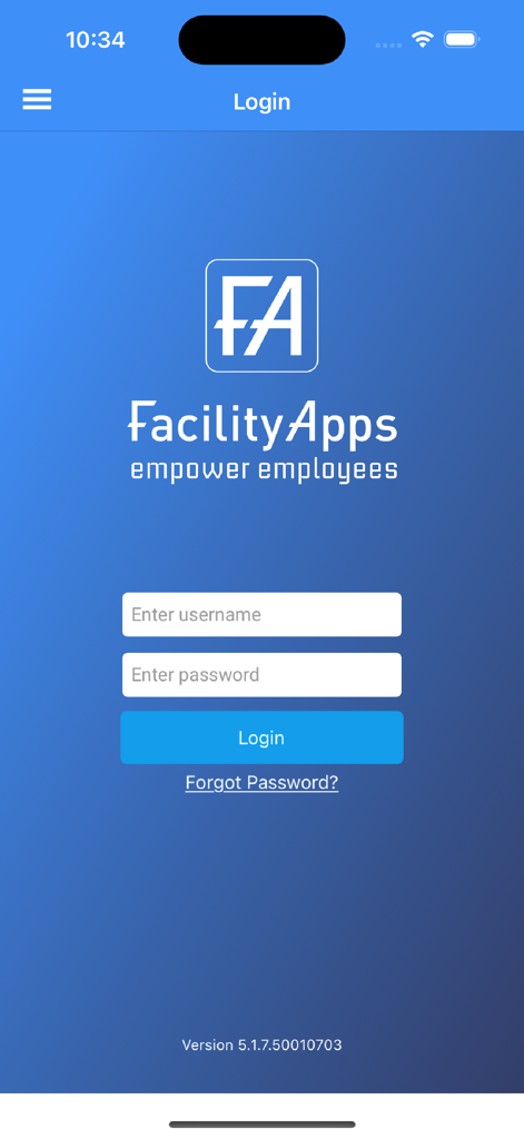 FacilityApps - Login interface of the FacilityApps mobile application featuring username and password fields on a blue background.