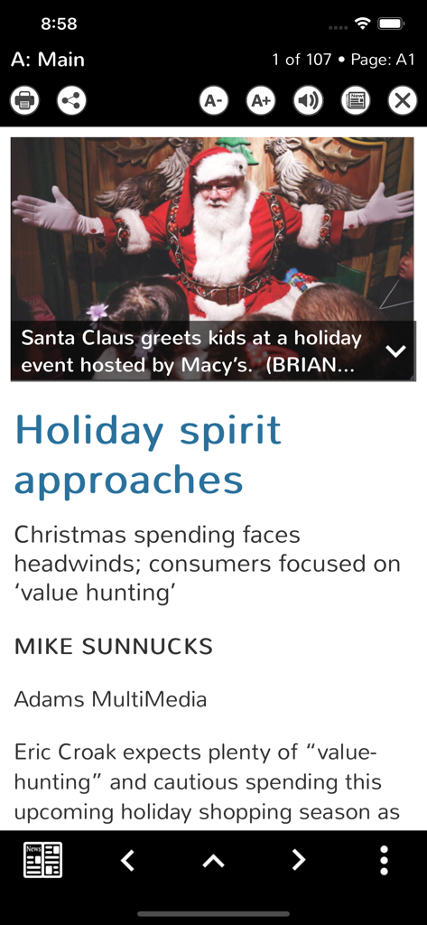 RM Telegram app screen displaying a local news article about holiday shopping with a photo of Santa Claus