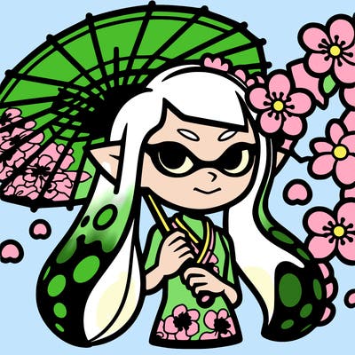 splatoon stylized octoling with sakura's in her hair, holding an parasol