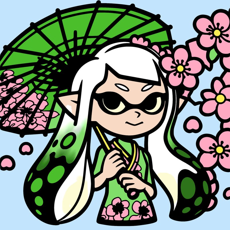 splatoon stylized octoling with sakura's in her hair, holding an parasol