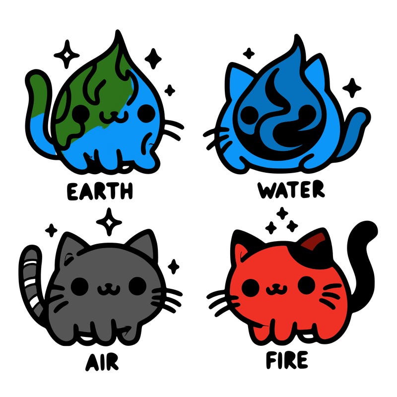 4 cats that represent the different elements, earth, water, air, and fire