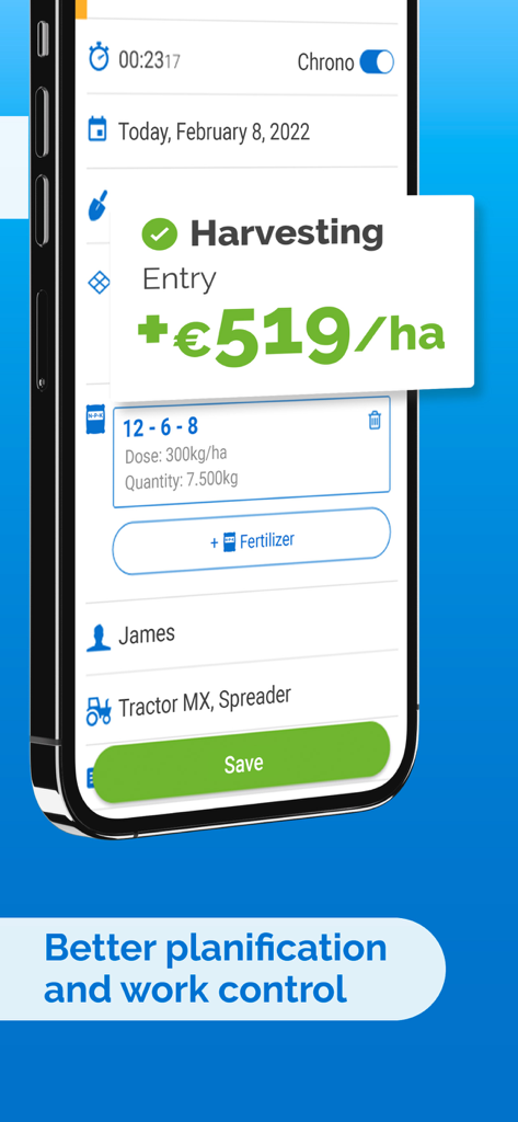 Agroptima - Interface do aplicativo Agroptima mostrando registro de colheita e custo por hectare