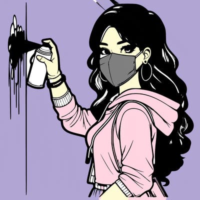 realistic girl with mask spray painting a wall