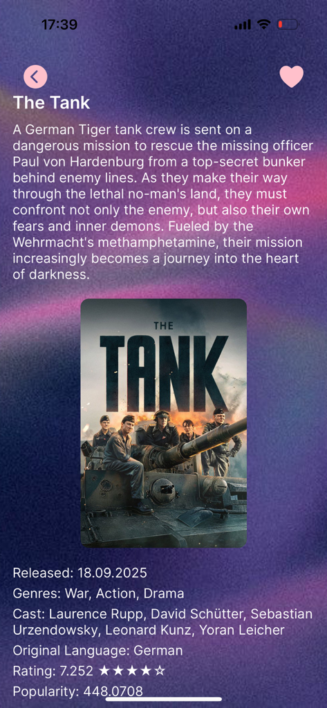 Movio: movies watchlist - Movie details screen in the Movio app showing the film The Tank with rating and cast info
