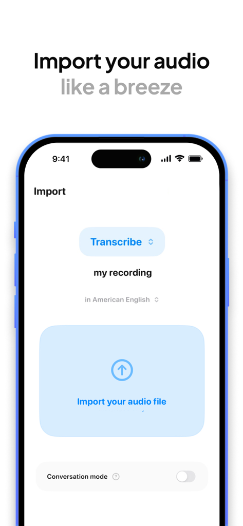 AI Transcribe app interface showing the option to import audio files for transcription in American English