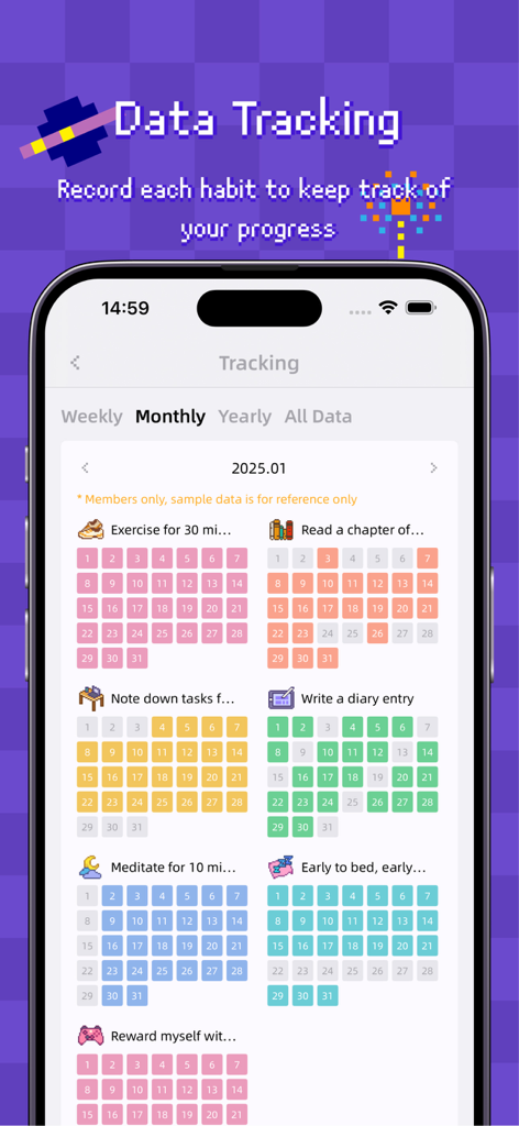 Monthly habit tracking view in the Habicat app showing colored pixel art progress calendars for various daily activities.
