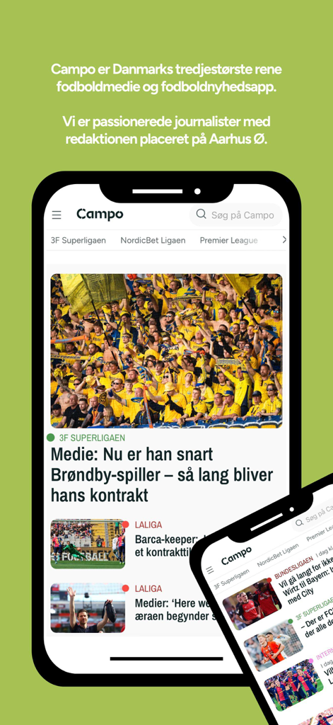 campo.dk - Mobile app interface of campo.dk showing football news articles