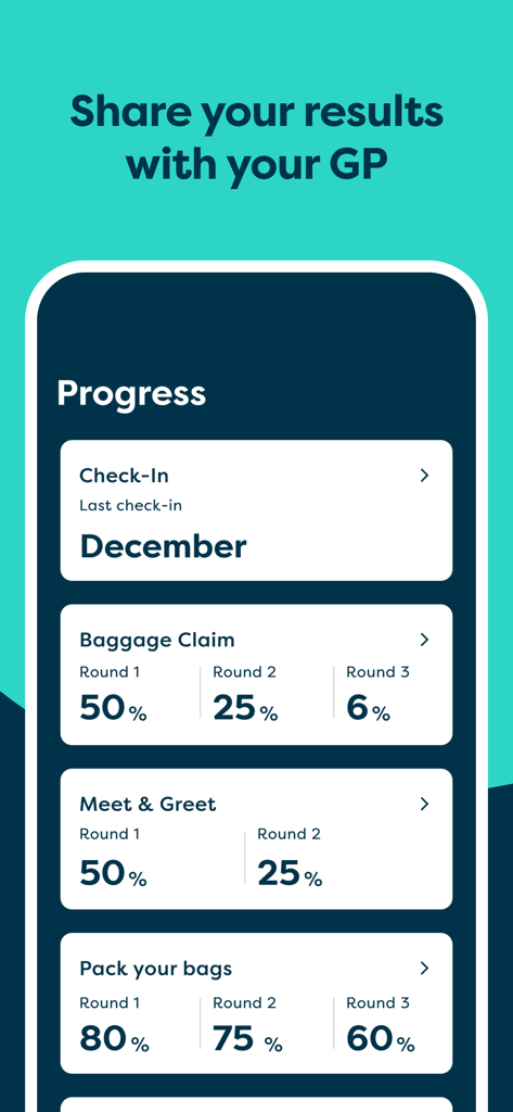 BrainTrack - BrainTrack app screen displaying cognitive test progress and percentages to share with a doctor