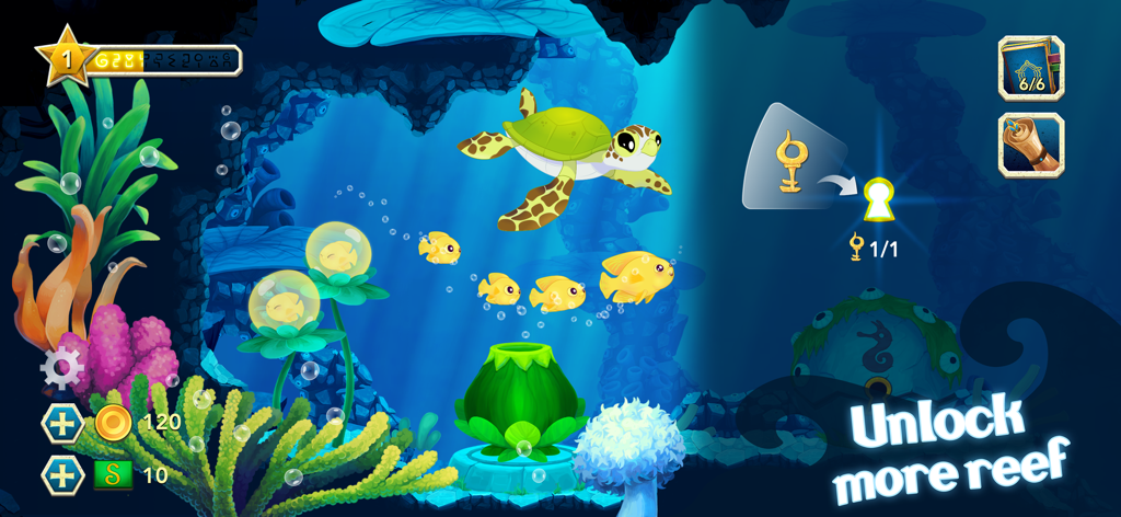 Splash — Fish Aquarium - Gameplay screenshot showing a sea turtle swimming in a colorful coral reef with a prompt to unlock more reef areas.