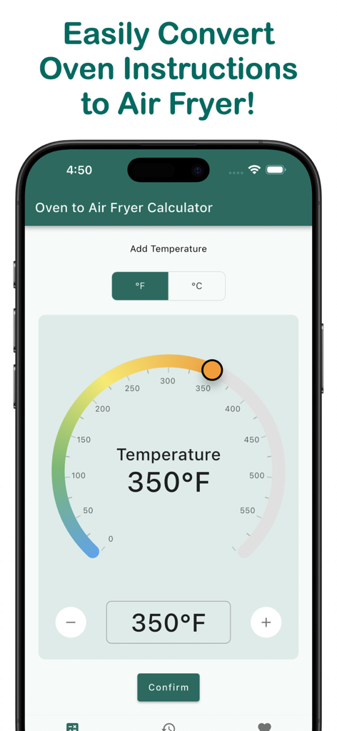 Oven to Air Fryer Calculator - 華氏でのオーブン温度を選択するためのラジアルスライダーが表示されたオーブンからエアフライヤーへの計算機アプリインターフェース。