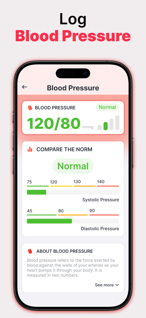 HeartIn app interface displaying a normal blood pressure reading of 120 over 80 mmHg with systolic and diastolic pressure scales