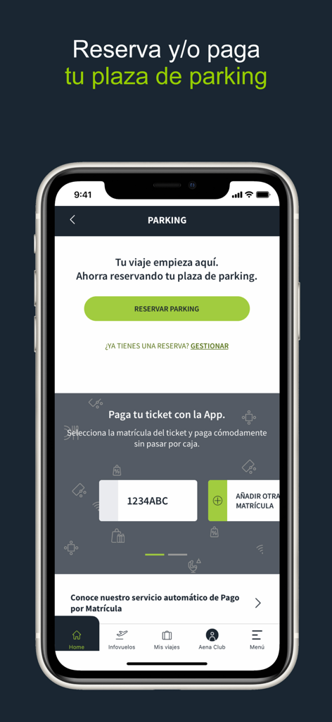 Interfaz de la app Aena para reservas y pagos de aparcamiento en el aeropuerto utilizando una matrícula