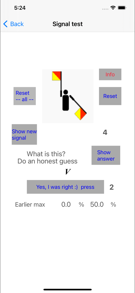 SignalLearning - SignalLearning app interface showing a semaphore flag signal test for the letter V