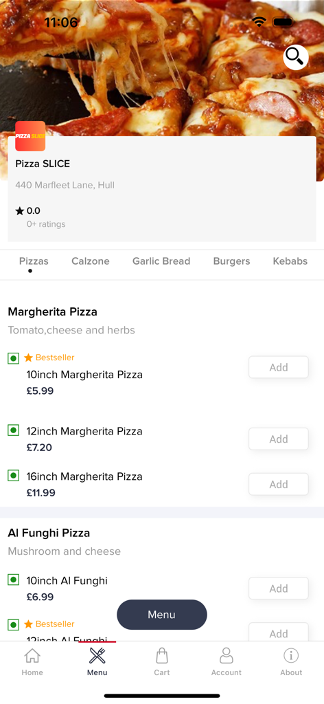 Tela de menu do aplicativo móvel Pizza Slice Online mostrando opções de pizza Margherita e Al Funghi e preços