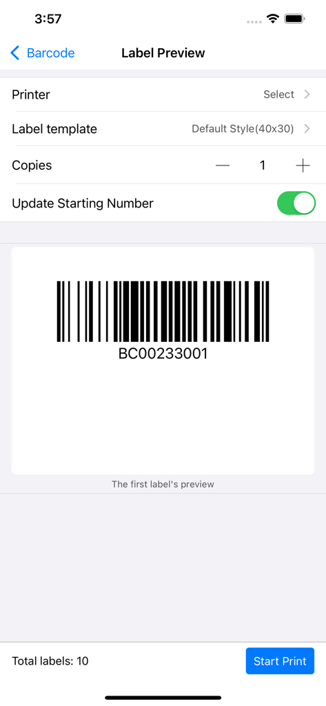 Power Barcode Scanner - Pantalla de vista previa de etiqueta que muestra un código de barras generado y la configuración de impresión para inventario empresarial