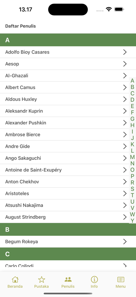 Baca Kakatua - Alphabetical list of authors on the Baca Kakatua ebook reader mobile app interface.