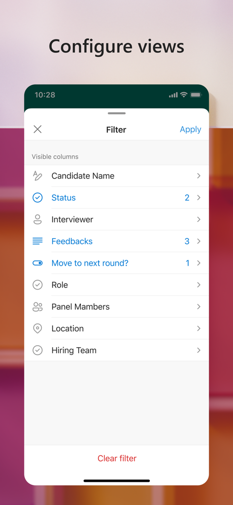 Interface móvel do Microsoft Lists mostrando opções de filtro para visualizações de colunas