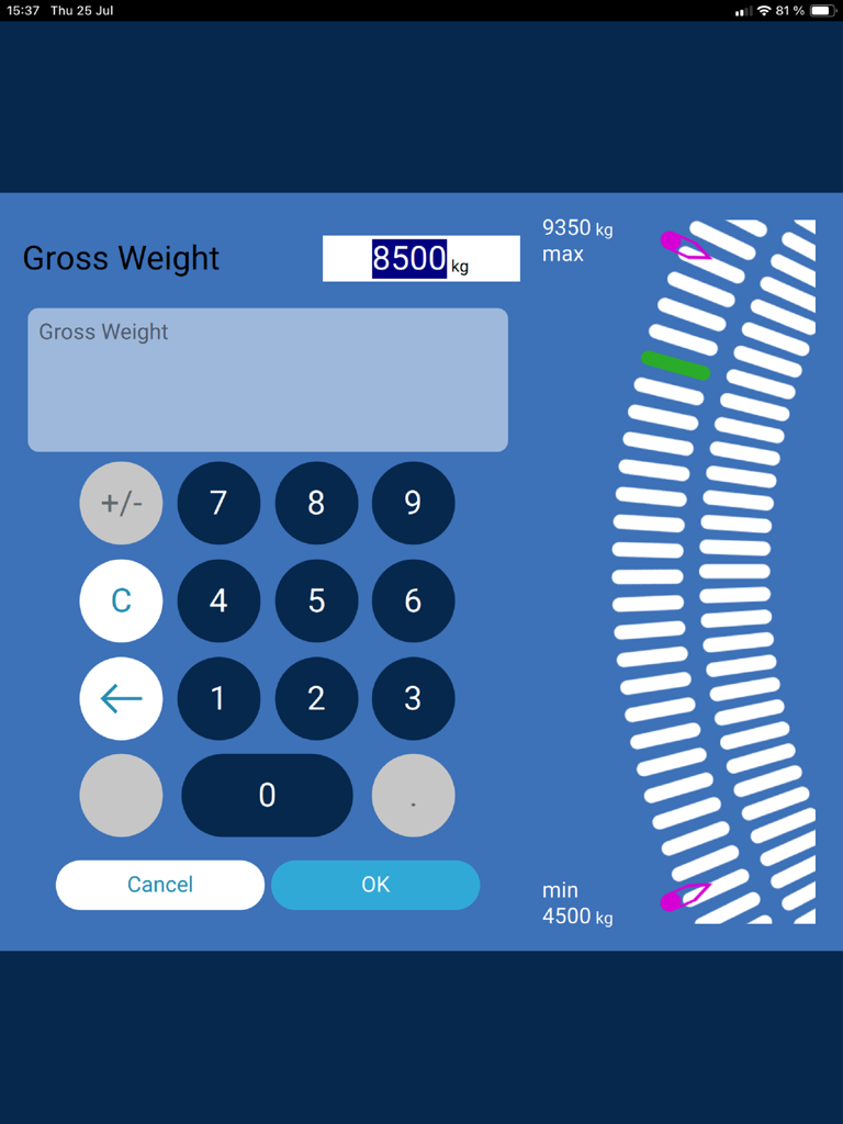Gross weight data entry screen with numeric keypad and weight range indicators for H215M helicopter