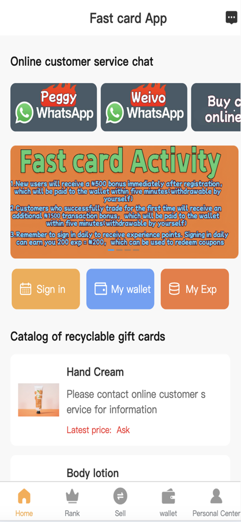 Interface of the Fast Card App showing customer service options and user rewards