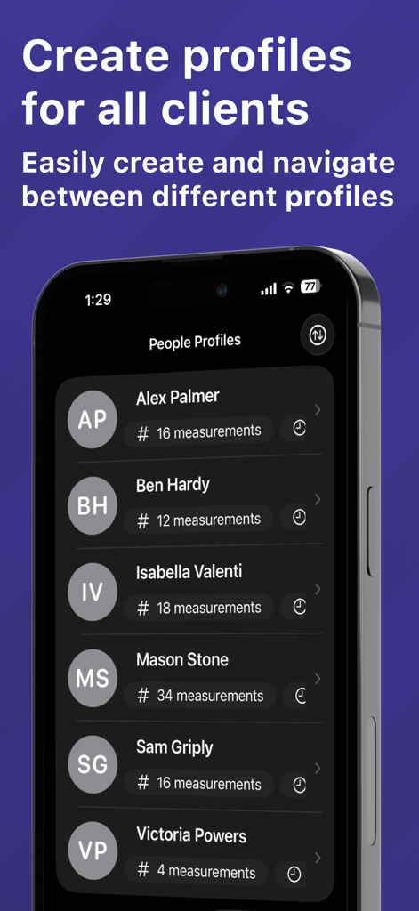 GripMeter Physio - Grip Tester - Una pantalla de aplicación móvil que muestra una lista de perfiles de clientes y su número total de mediciones de fuerza de agarre.