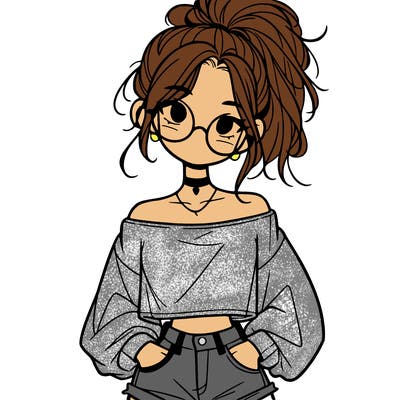 girl with a messy ponytail glasses a baggy crop top and jean shorts