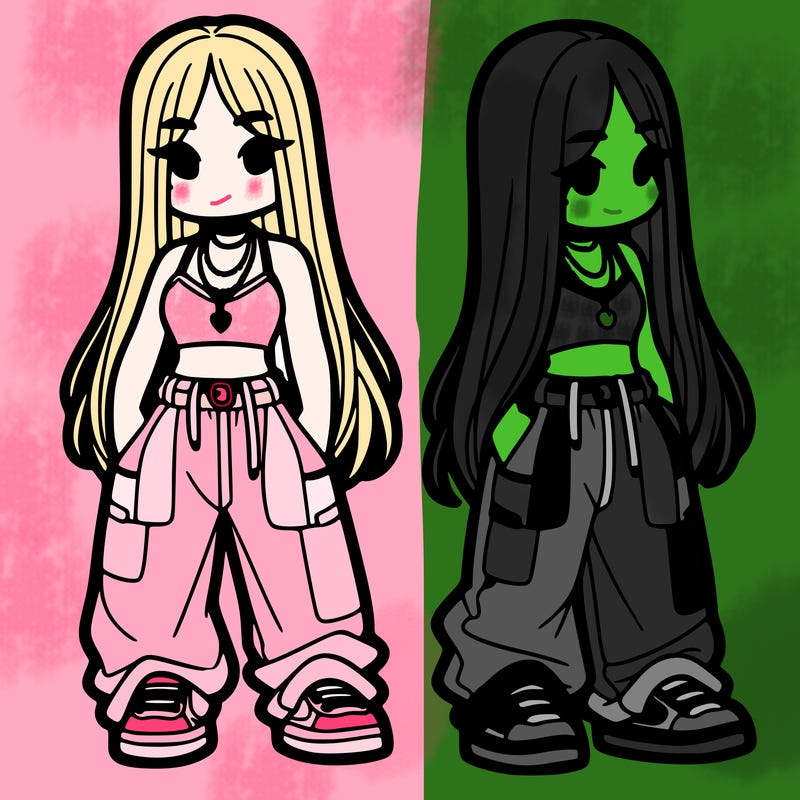 girl in baggy pants crop top and long hair