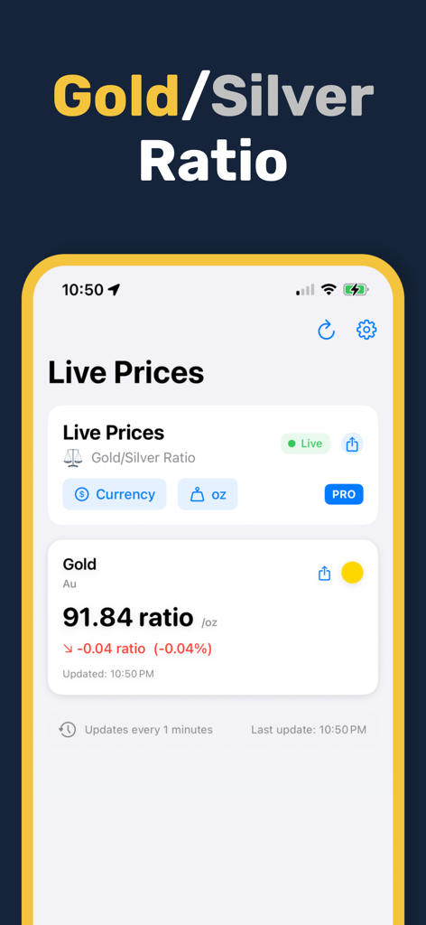 Gold & Silver Prices Live - Mobile app interface displaying the live gold to silver ratio for precious metal investors