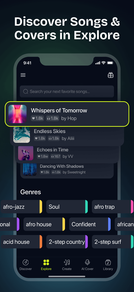 A screenshot of the MelodyCraft app explore screen showing trending AI music covers and various song genres.