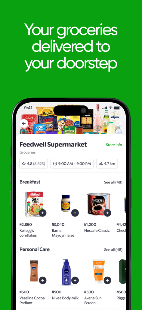 Heyfood - Food Delivery - Interface do aplicativo Heyfood mostrando categorias de supermercado da Feedwell Supermarket, incluindo itens de café da manhã e cuidados pessoais.