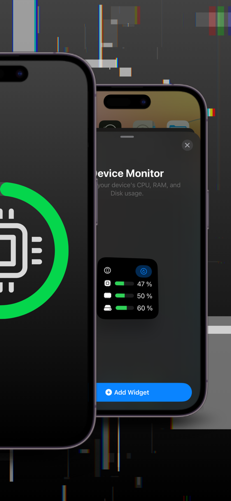 Aplicación Device Monitor que muestra un widget de estado del sistema para el uso de CPU, RAM y disco en un iPhone.