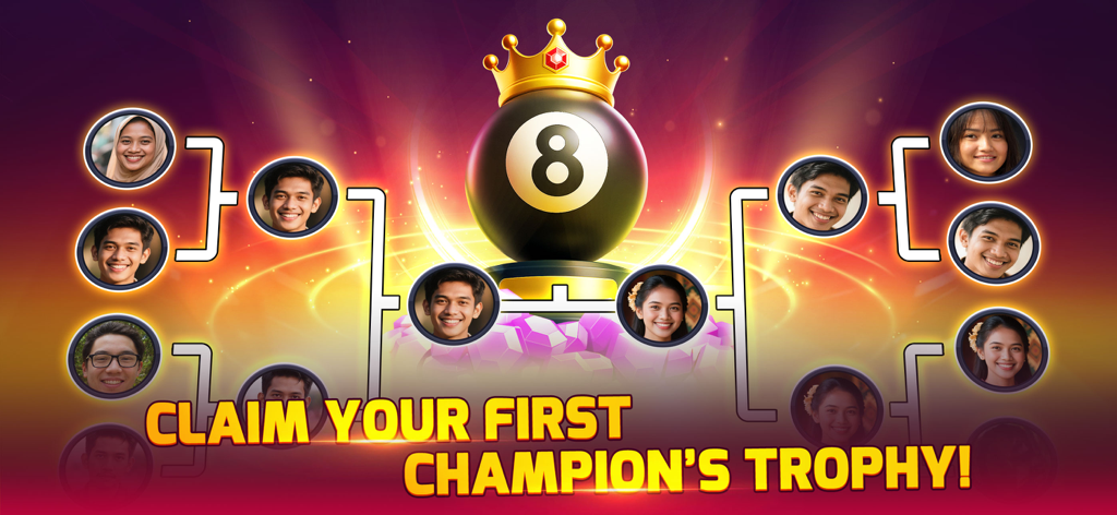 Billiards Party - Tournament bracket in Billiards Party showing player avatars and a crowned 8-ball for the champion trophy