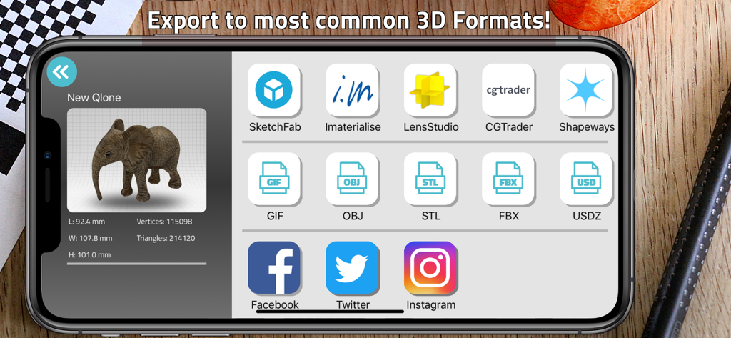 Interface of Qlone 3D Scanner app showing export options for 3D models into OBJ STL and USDZ formats