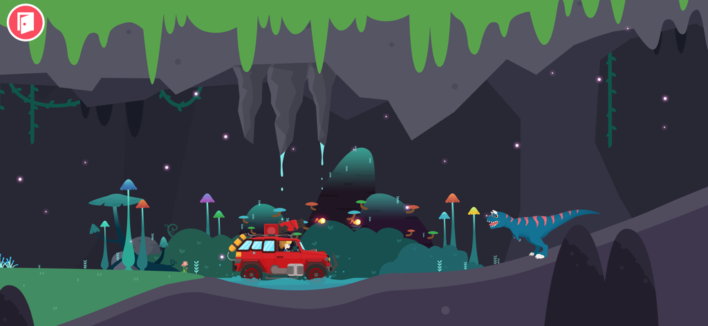 Dinosaur Games for kids 2-6 - Un camion de sauvetage rouge rencontrant un dinosaure bleu dans une grotte de cristal lumineuse avec des champignons